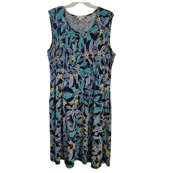 Coldwater Creek Maxi Dress 1X Blue Floral Sleeveless Smocked Bodice Pockets - Picture 1 of 7